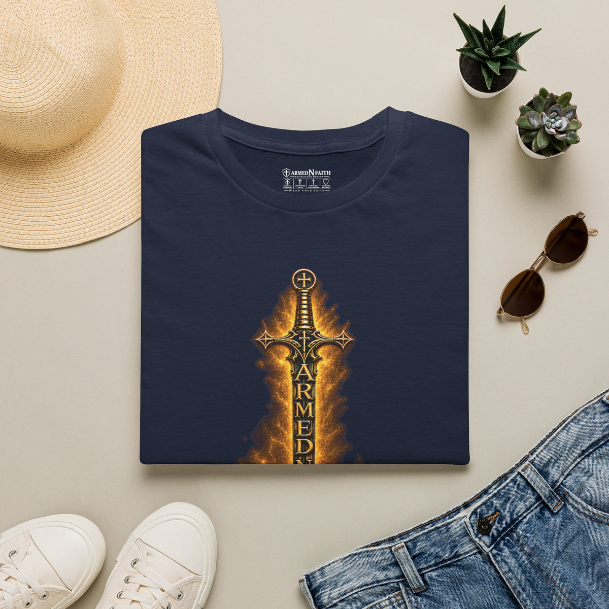 Armed N Faith Flaming Sword & Bible Tee