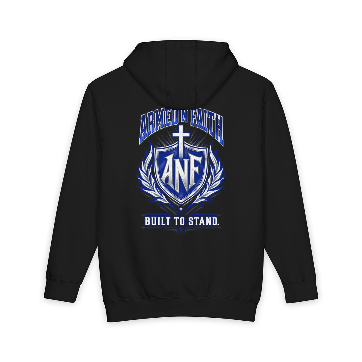 Christian Shield Hoodie, Faith Based Cross Sweatshirt, Blue Varsity Graphic Hoodie, Built to Stand | Armed N Faith