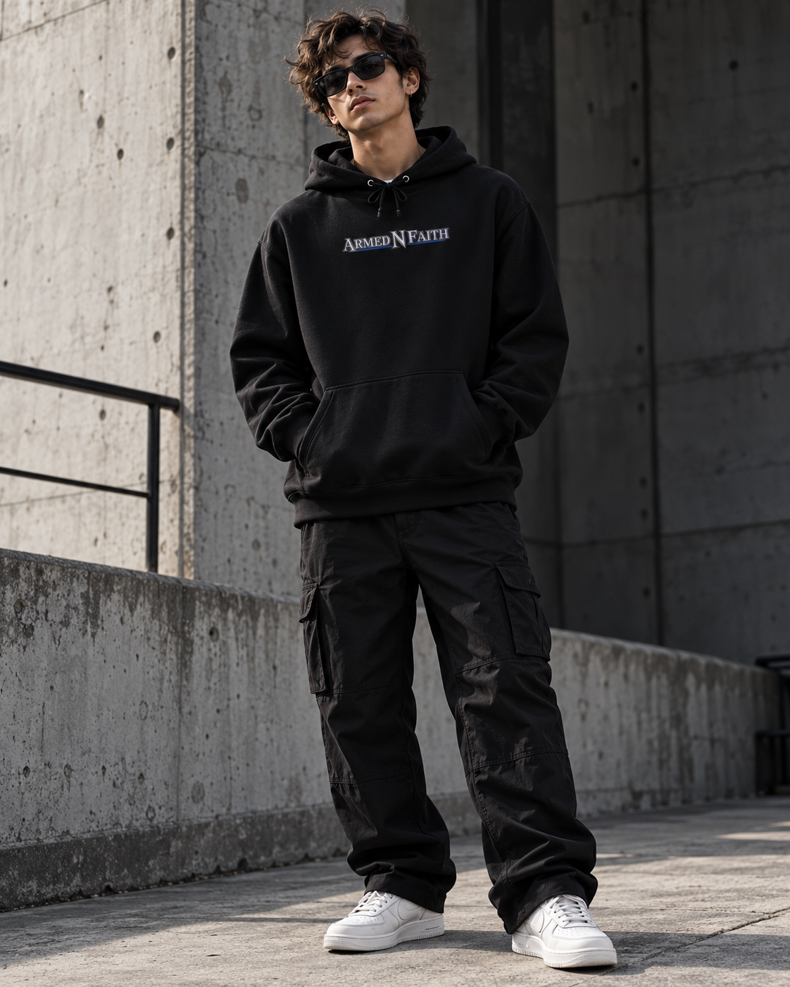Christian Shield Hoodie, Faith Based Cross Sweatshirt, Blue Varsity Graphic Hoodie, Built to Stand | Armed N Faith