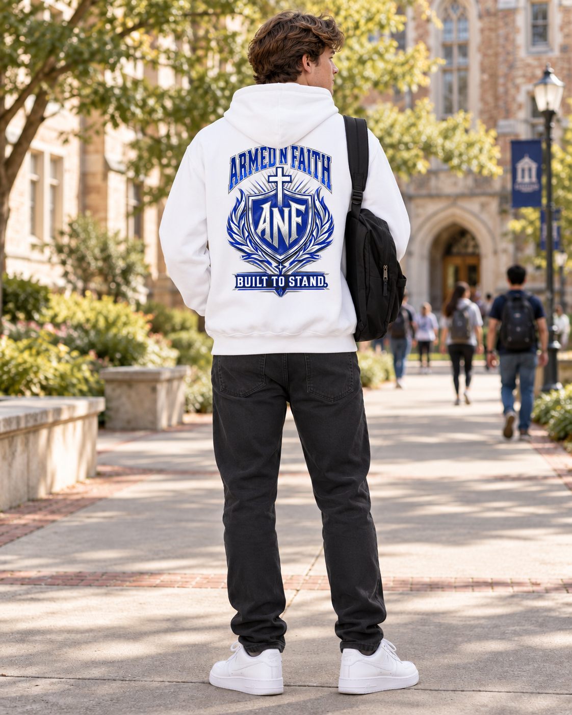 Christian Shield Hoodie, Faith Based Cross Sweatshirt, Blue Varsity Graphic Hoodie, Built to Stand | Armed N Faith