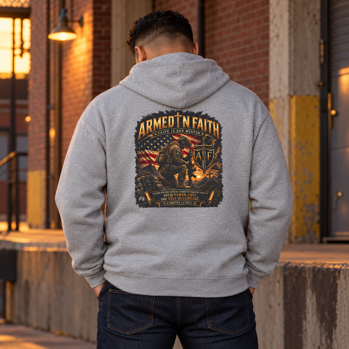 Kneeling Soldier Armed In Faith Hoodie – Patriotic Christian Sweatshirt