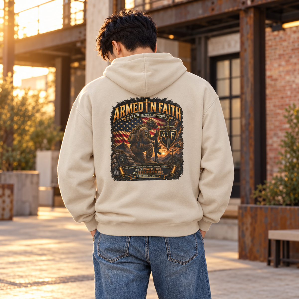 Kneeling Soldier Armed In Faith Hoodie – Patriotic Christian Sweatshirt
