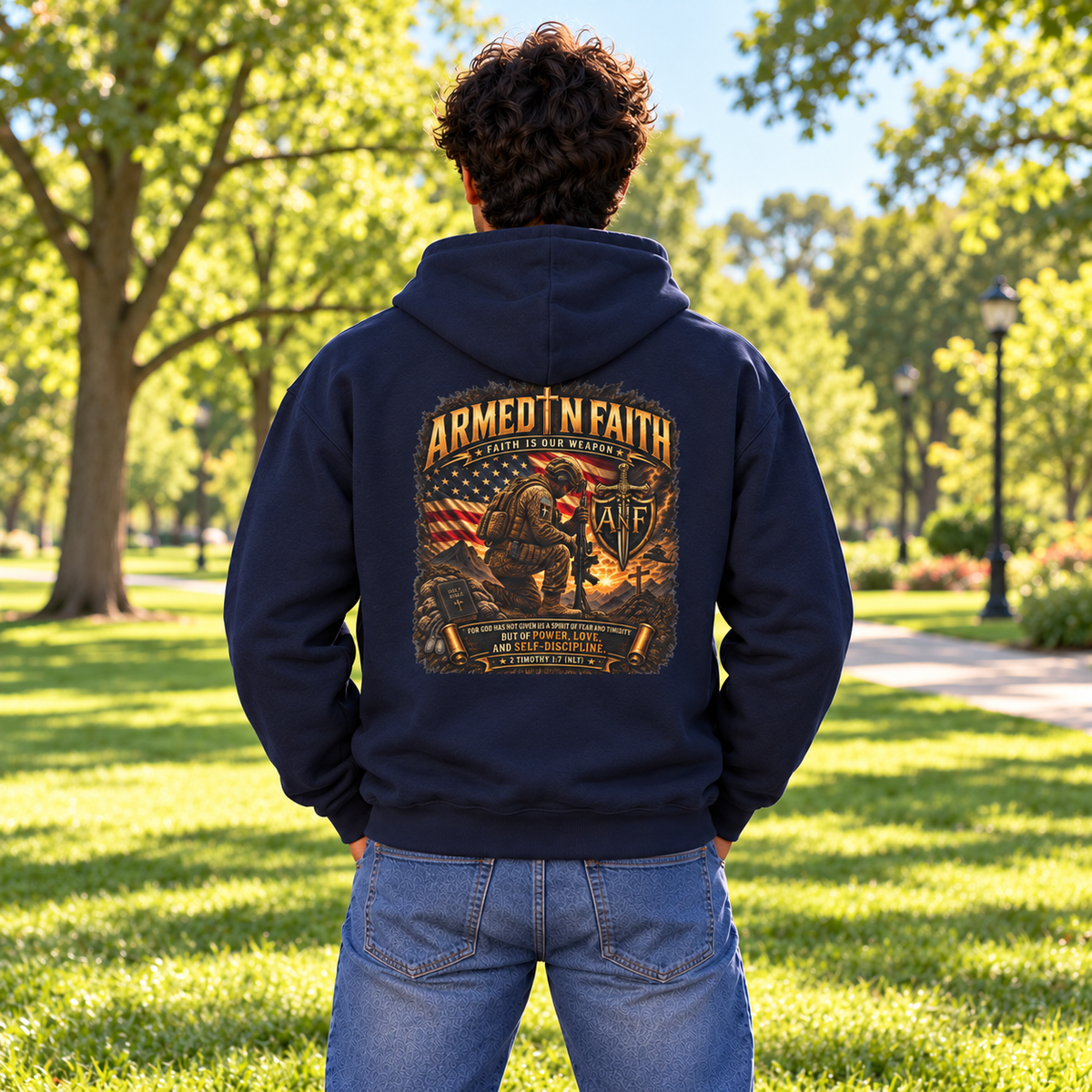 Kneeling Soldier Armed In Faith Hoodie – Patriotic Christian Sweatshirt