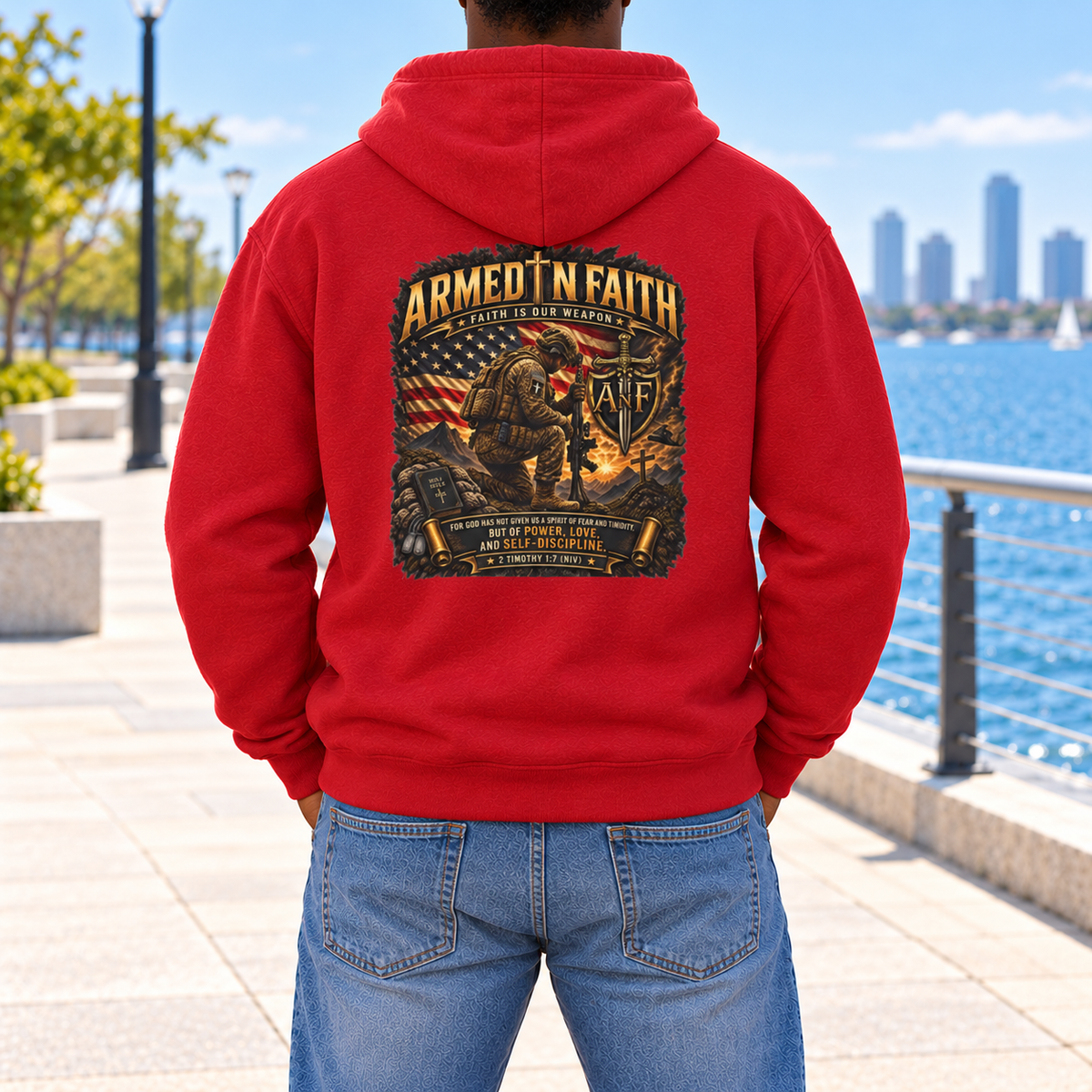 Kneeling Soldier Armed In Faith Hoodie – Patriotic Christian Sweatshirt