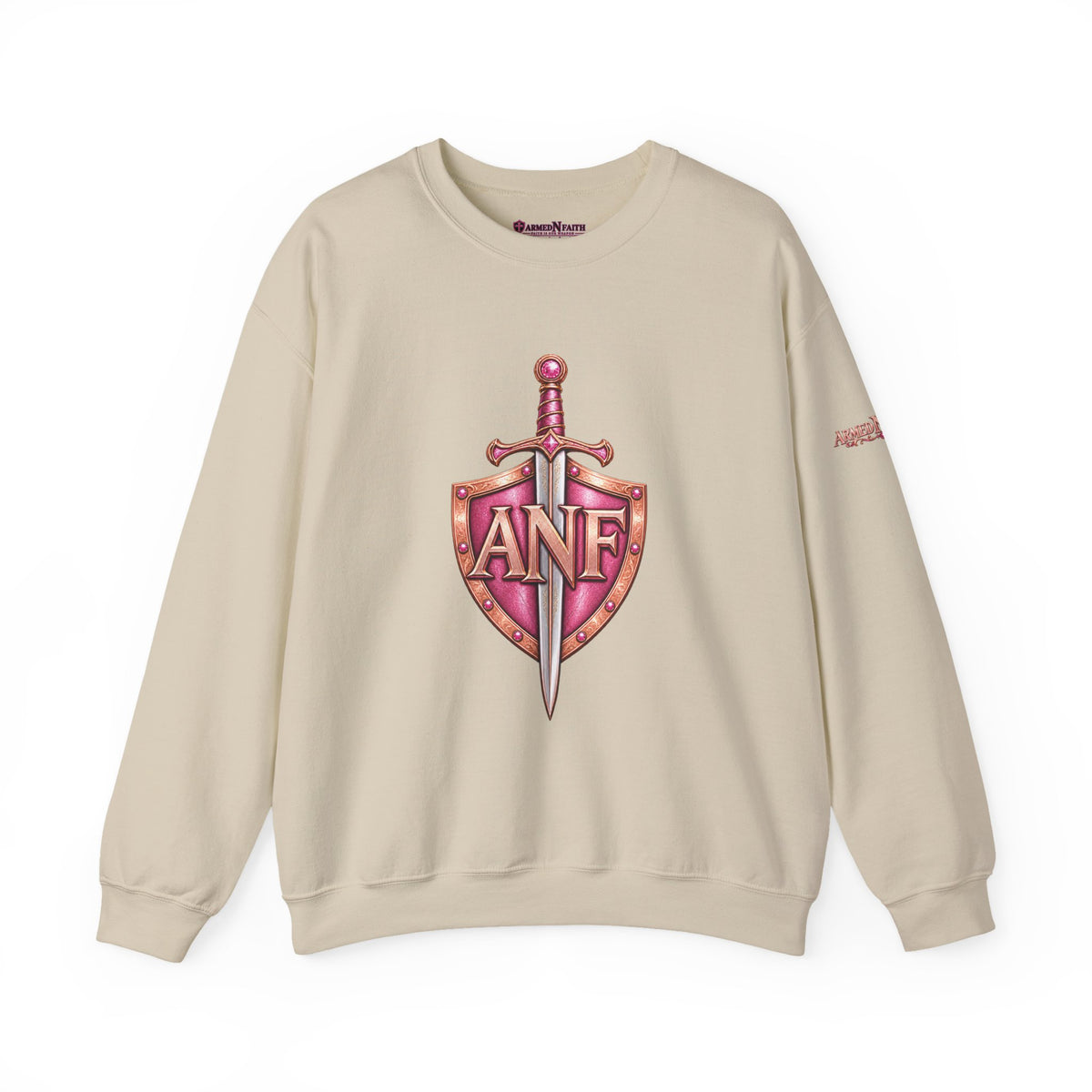 Armed N Faith Shield & Sword Crewneck Sweatshirt — Pink ANF Emblem