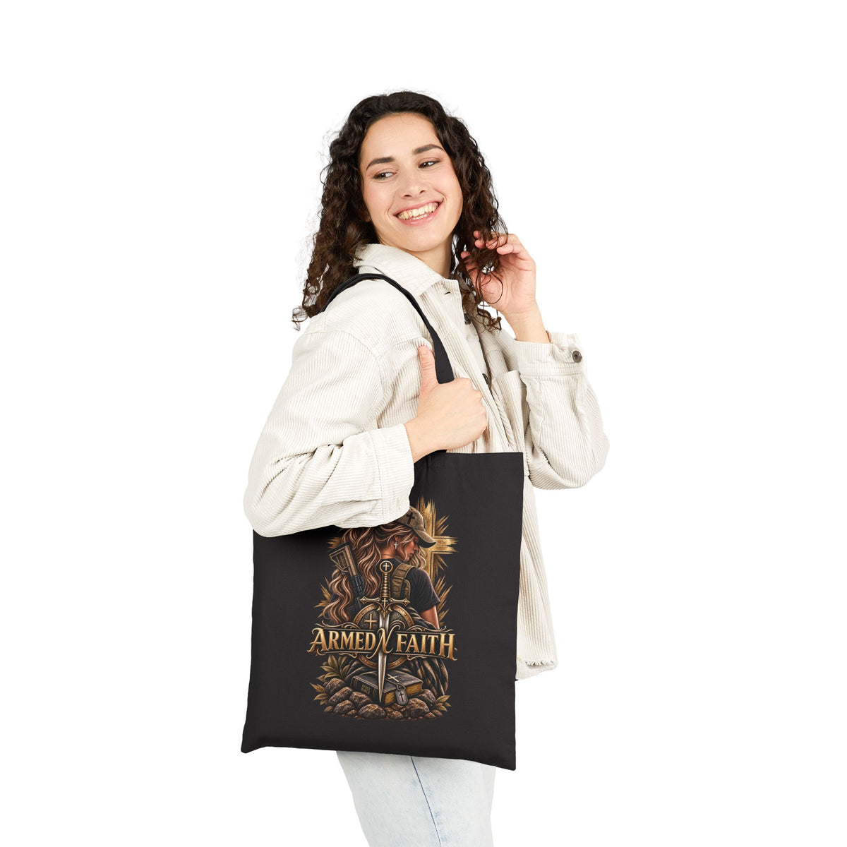 Armed N Faith Canvas Tote Bag — Sword & Lion Graphic
