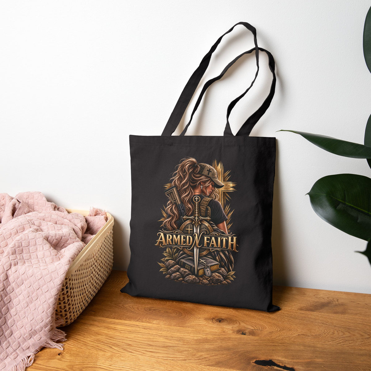 Armed N Faith Canvas Tote Bag — Sword & Lion Graphic