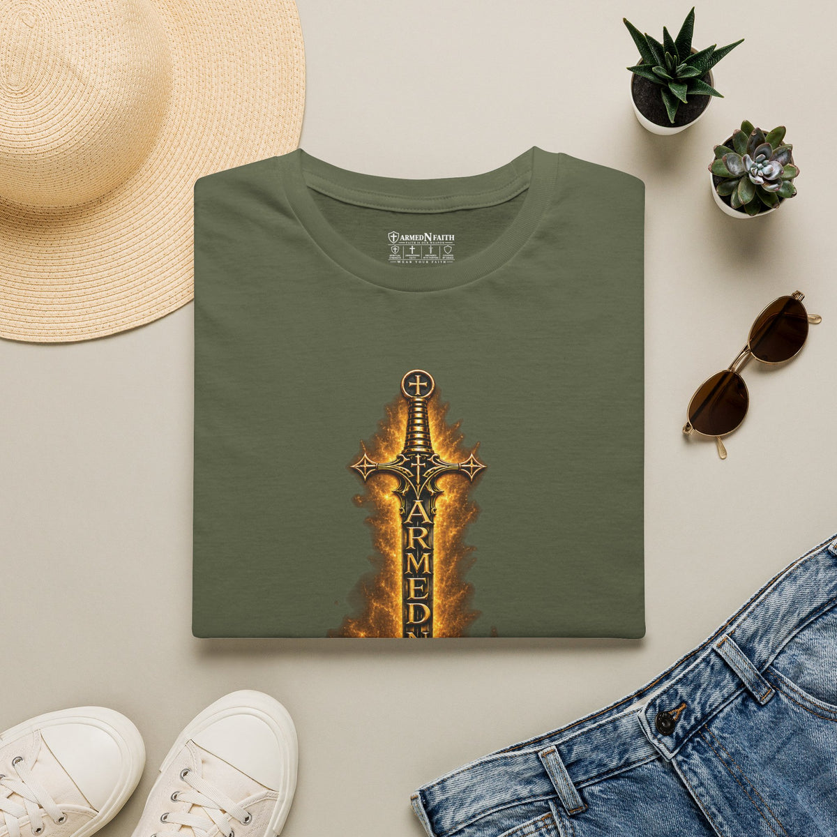 Armed N Faith Flaming Sword & Bible Tee