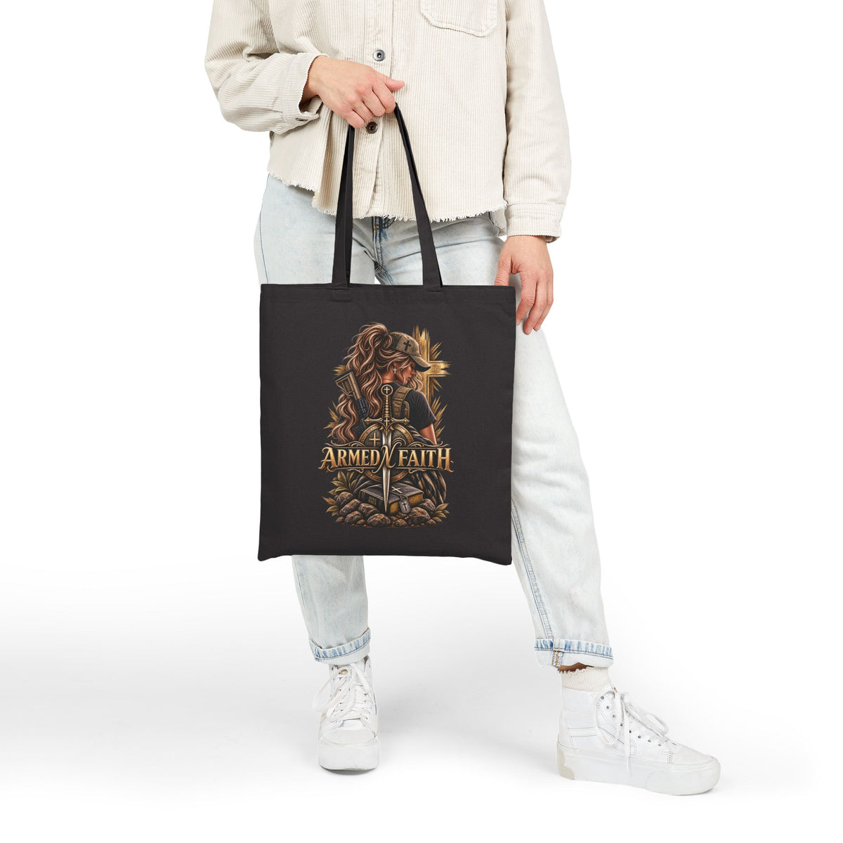 Armed N Faith Canvas Tote Bag — Sword & Lion Graphic