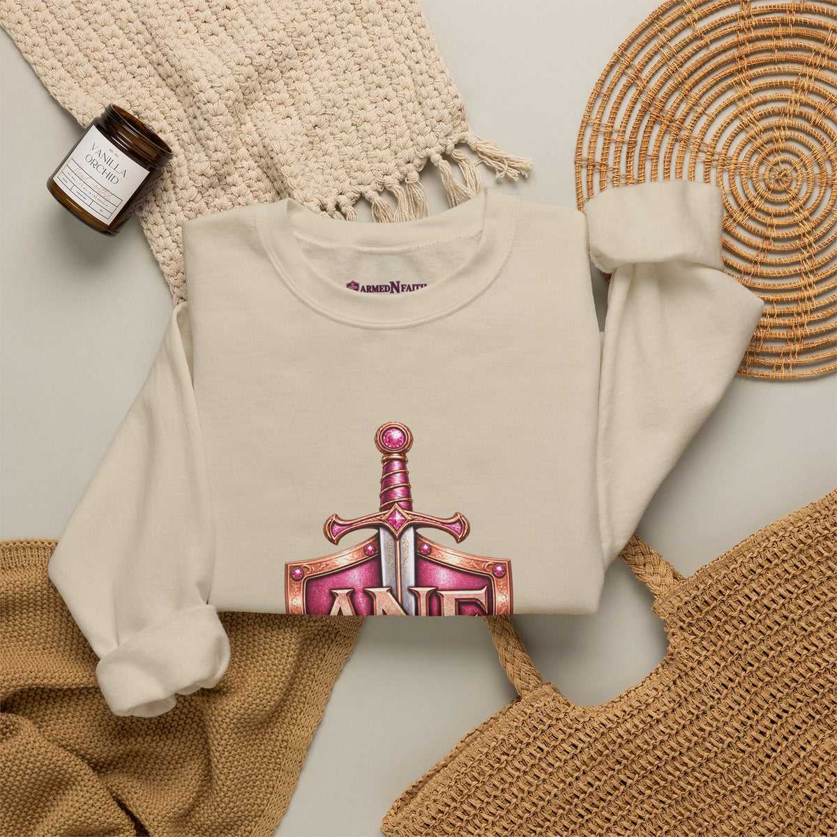 Armed N Faith Shield & Sword Crewneck Sweatshirt — Pink ANF Emblem