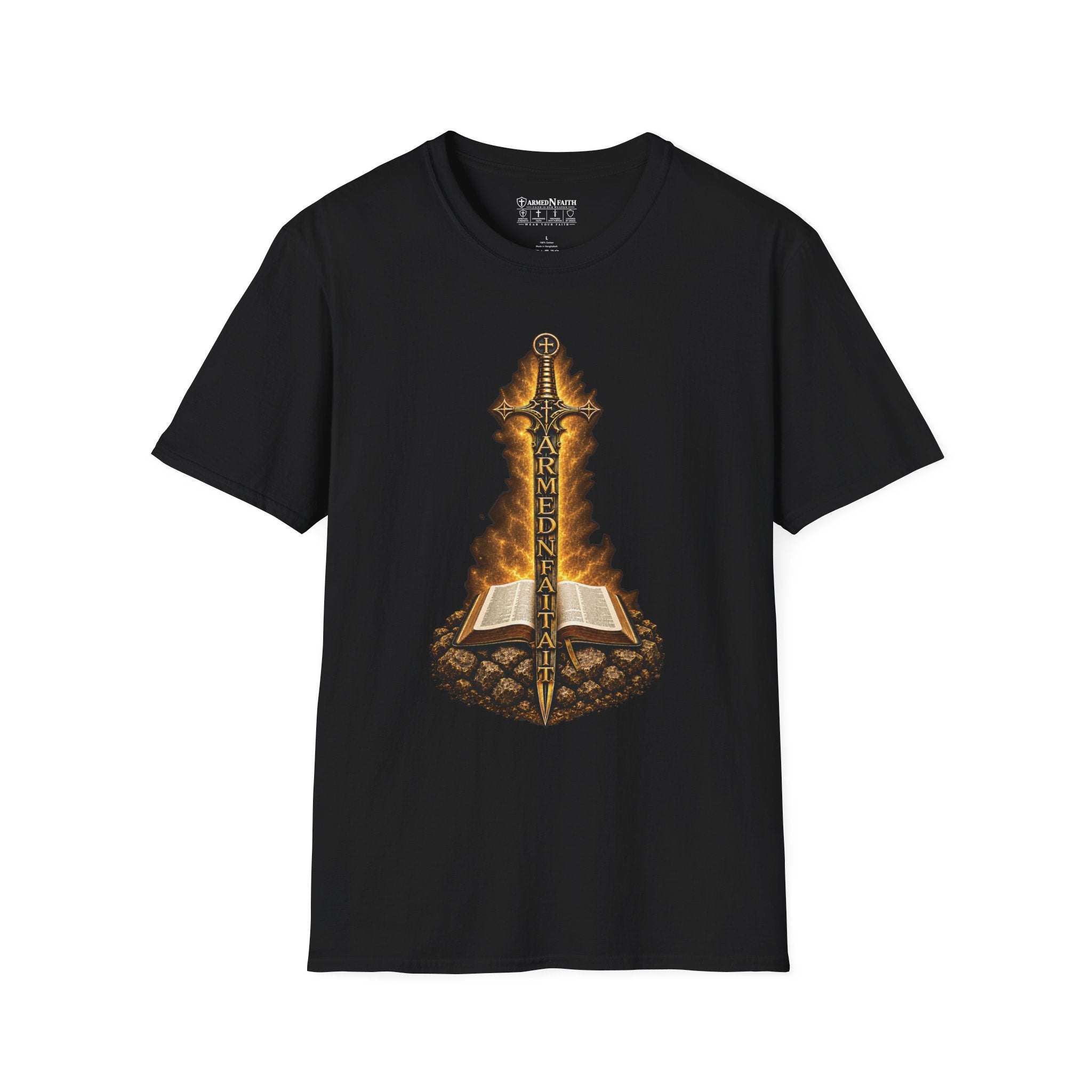 Armed N Faith Flaming Sword & Bible Tee
