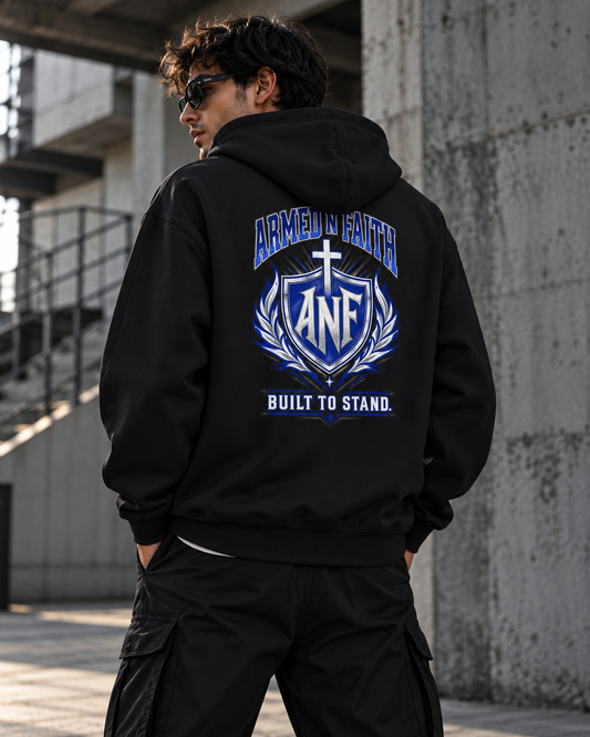 Christian Shield Hoodie, Faith Based Cross Sweatshirt, Blue Varsity Graphic Hoodie, Built to Stand | Armed N Faith