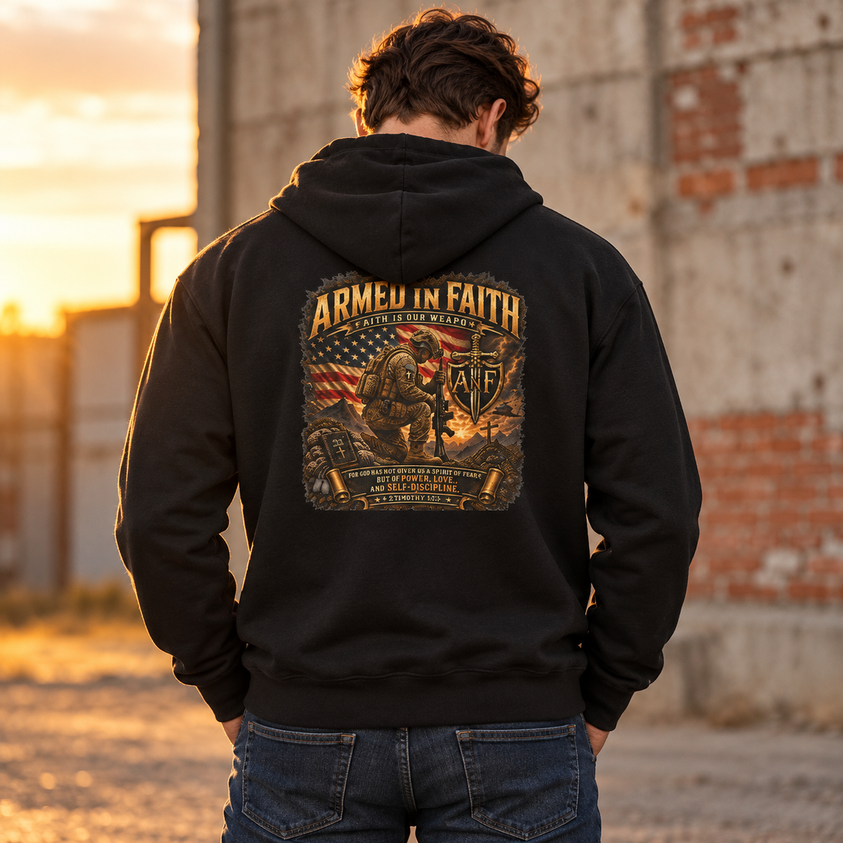 Kneeling Soldier Armed In Faith Hoodie – Patriotic Christian Sweatshirt