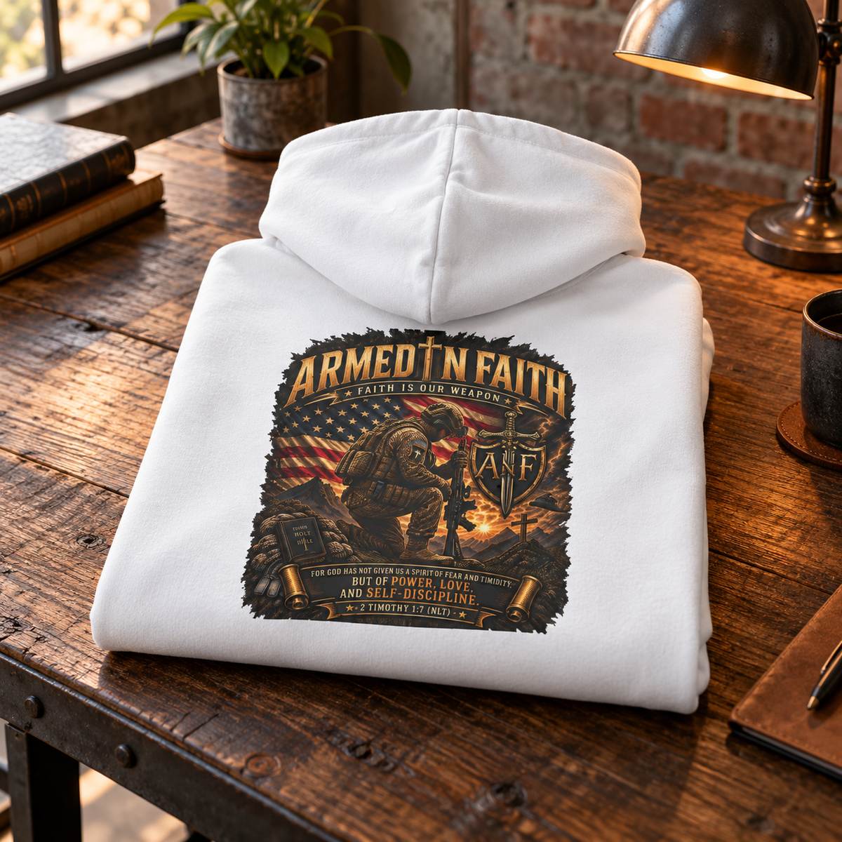 Kneeling Soldier Armed In Faith Hoodie – Patriotic Christian Sweatshirt