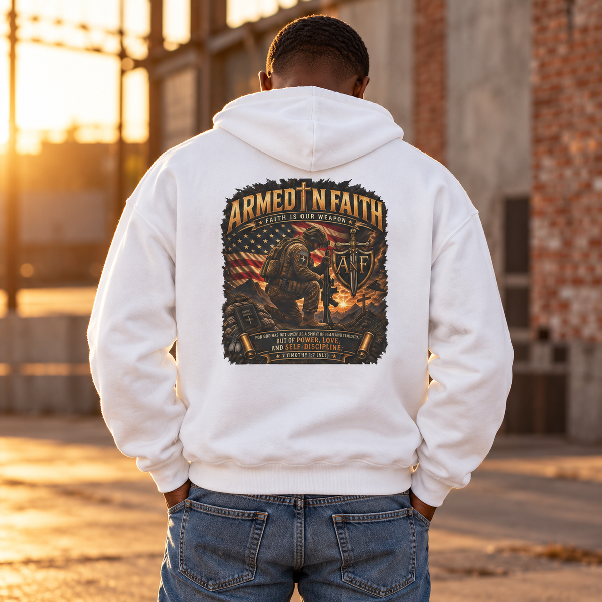 Kneeling Soldier Armed In Faith Hoodie – Patriotic Christian Sweatshirt