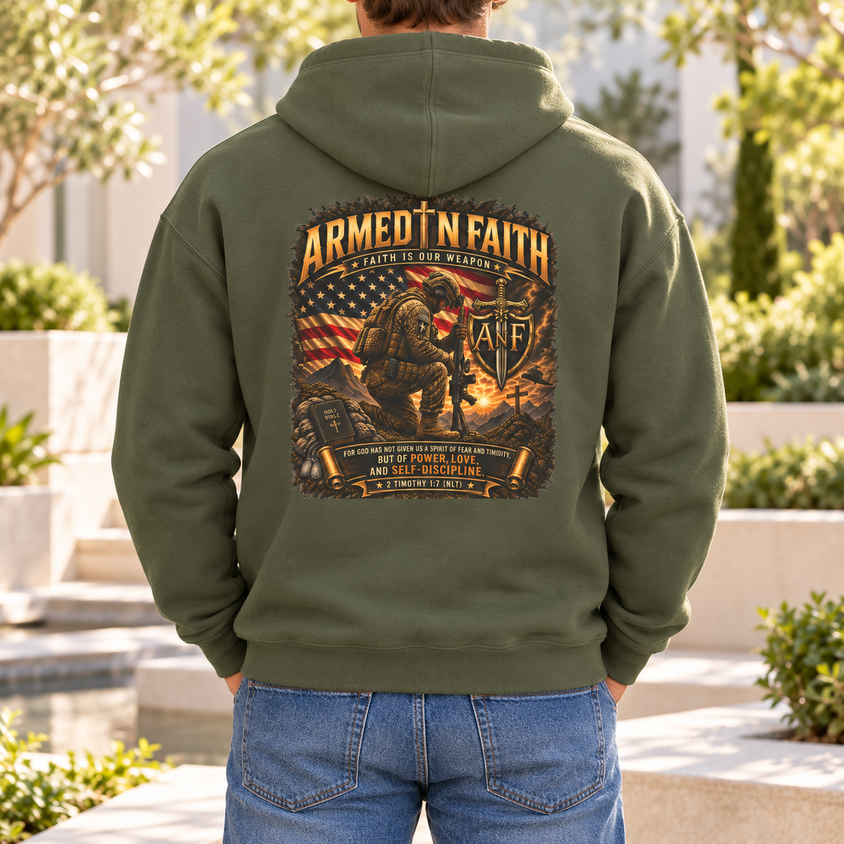 Kneeling Soldier Armed In Faith Hoodie – Patriotic Christian Sweatshirt