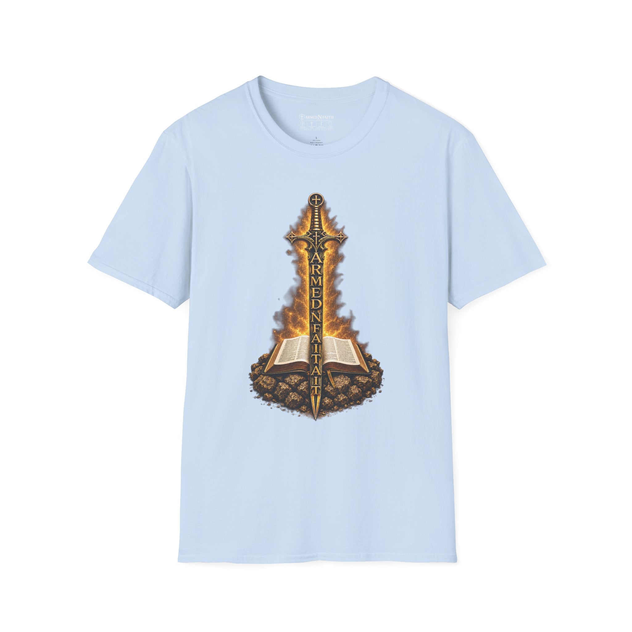 Armed N Faith Flaming Sword & Bible Tee