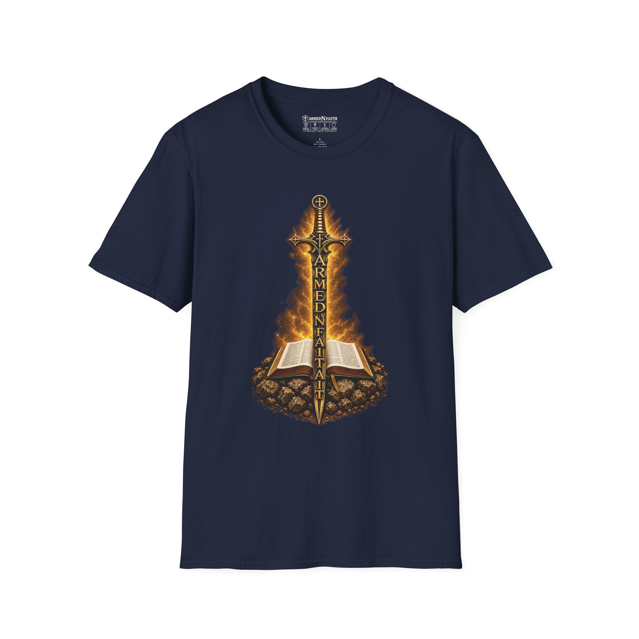 Armed N Faith Flaming Sword & Bible Tee