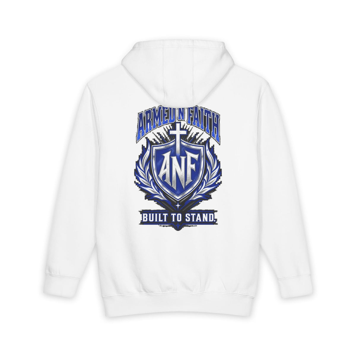 Christian Shield Hoodie, Faith Based Cross Sweatshirt, Blue Varsity Graphic Hoodie, Built to Stand | Armed N Faith