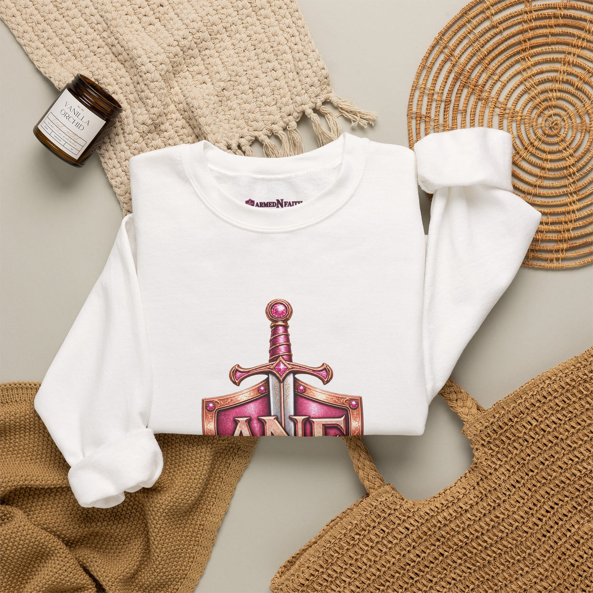 Armed N Faith Shield & Sword Crewneck Sweatshirt — Pink ANF Emblem