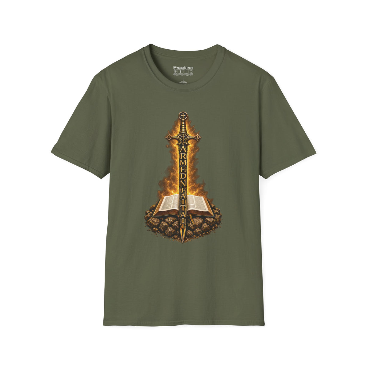 Armed N Faith Flaming Sword & Bible Tee