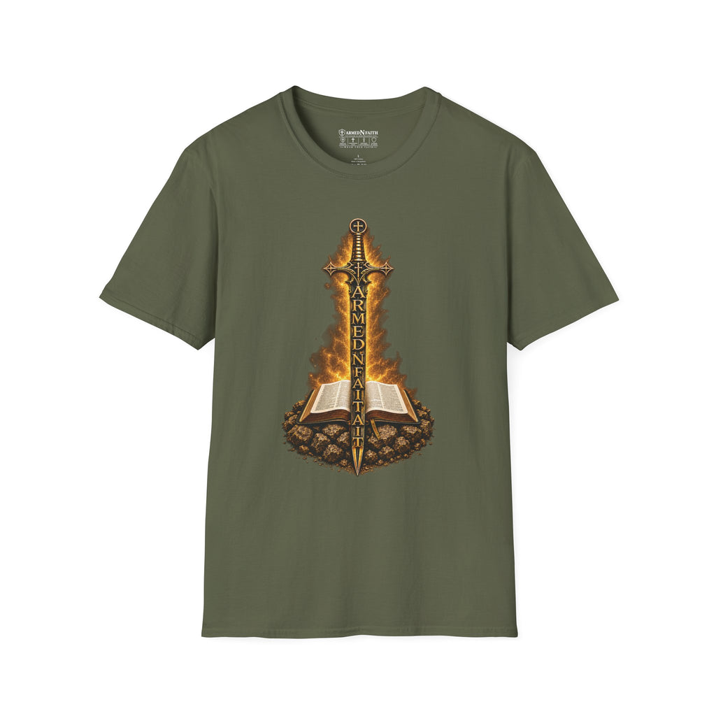 Armed N Faith Flaming Sword & Bible Tee