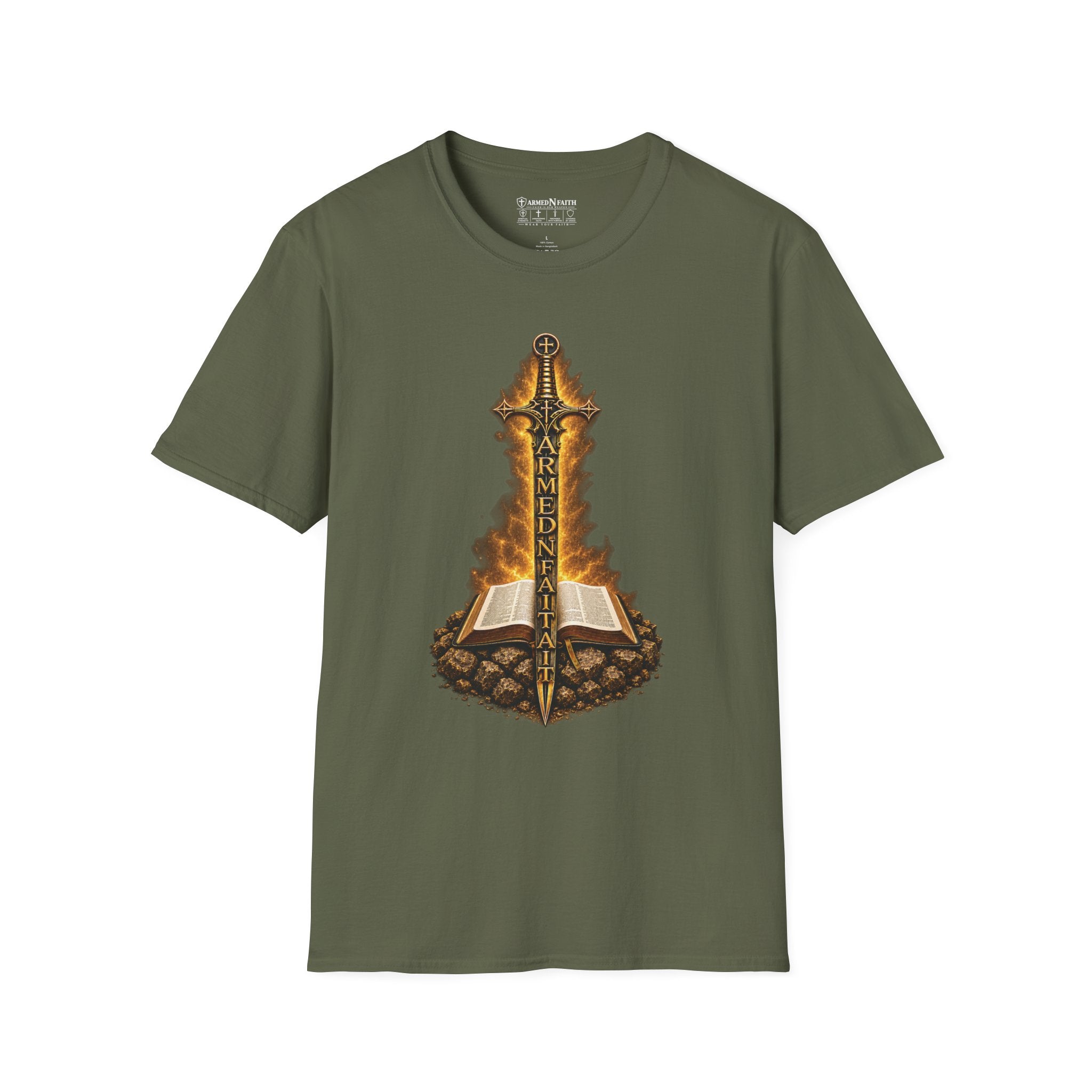 Armed N Faith Flaming Sword & Bible Tee
